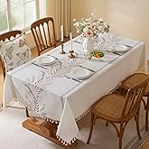 Laolitou Table Cloth Rectangle, Embroidery Heavy Duty Cotton Linen Tablecloth, Farmhouse Rustic Waterproof Wrinkle Free Tablecloths with Tassels, Coffee Fern, 55×75 Inch