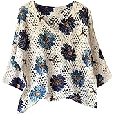 GORGLITTER Women's Floral Crochet Lightweight Sweater Boho V Neck 3/4 Short Sleeve Hollow Out Knitwear Tops