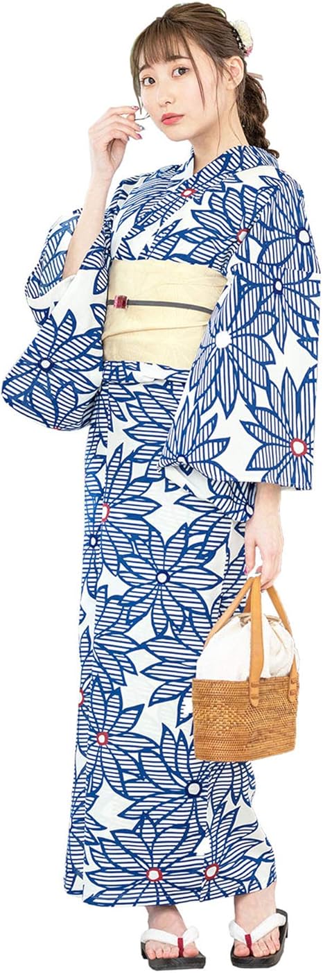 Amazon ソウビエン 浴衣 3点セット レディース 半幅帯 青 白 薄黄色 ガーベラ 花 ボーダー モダン 変わり織り 浴衣 通販