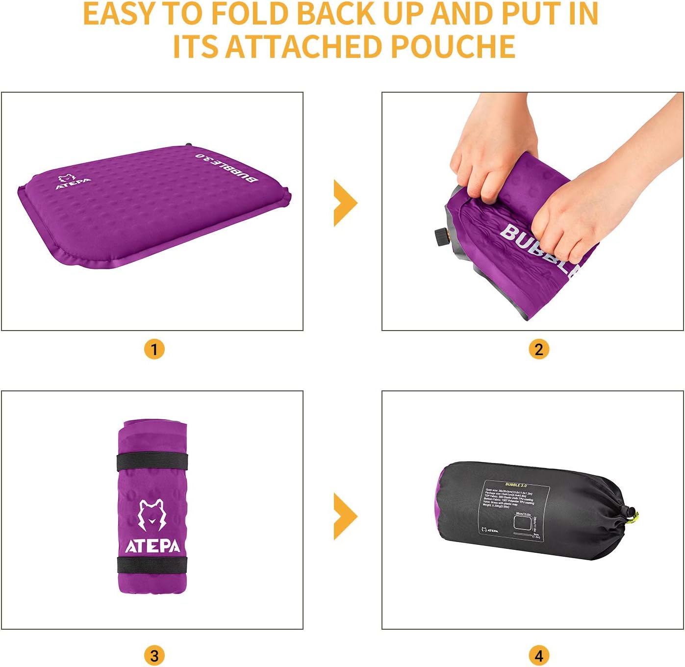 ATEPA Purple Self-inflating Inflatable Seat Cushion for Stadium, Pressure Relief, Bleacher, Sports, Camping, Airplane, Travel, Outdoor, Small Air Foam Seat Pad, Portable, Packable, Waterproof, Insulated : Sports & Outdoors