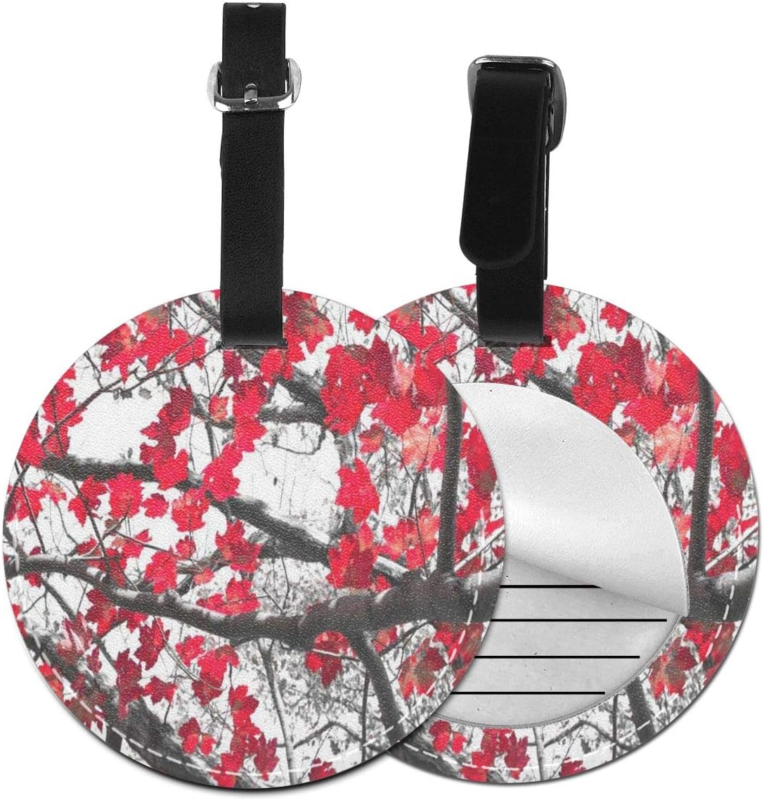 Round Luggage Tags Red Fall Leaves PU Leather Suitcase Labels Bag