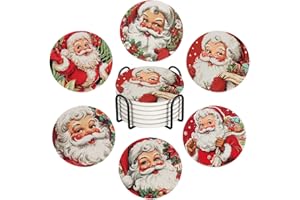 AOWCED Christmas Absorbent Coasters with Holder Set of 6, Ceramic Stone with Cork Base, Cute Santa Claus Coaster for Drinks, Gift for Housewarming Room Bar Home Decor Kitchen