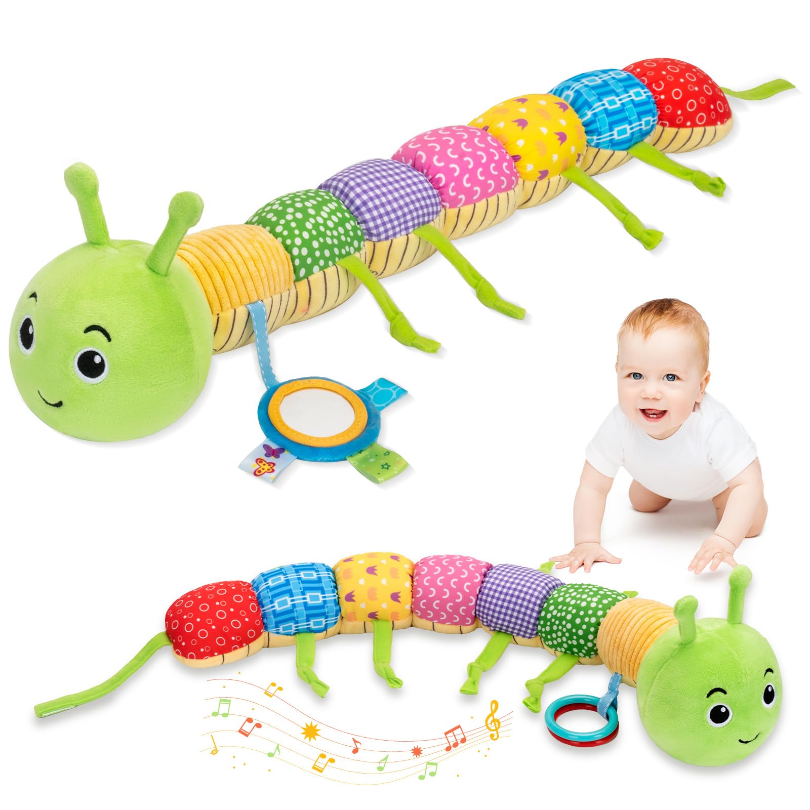 Accevo baby sensory toys for 0-6 months Musical animals plush caterpillar baby toys for 0-3-6 months Mummy Time and baby mirror Crinkle Russell for 6-12 months newborn boys and girls Easter gifts