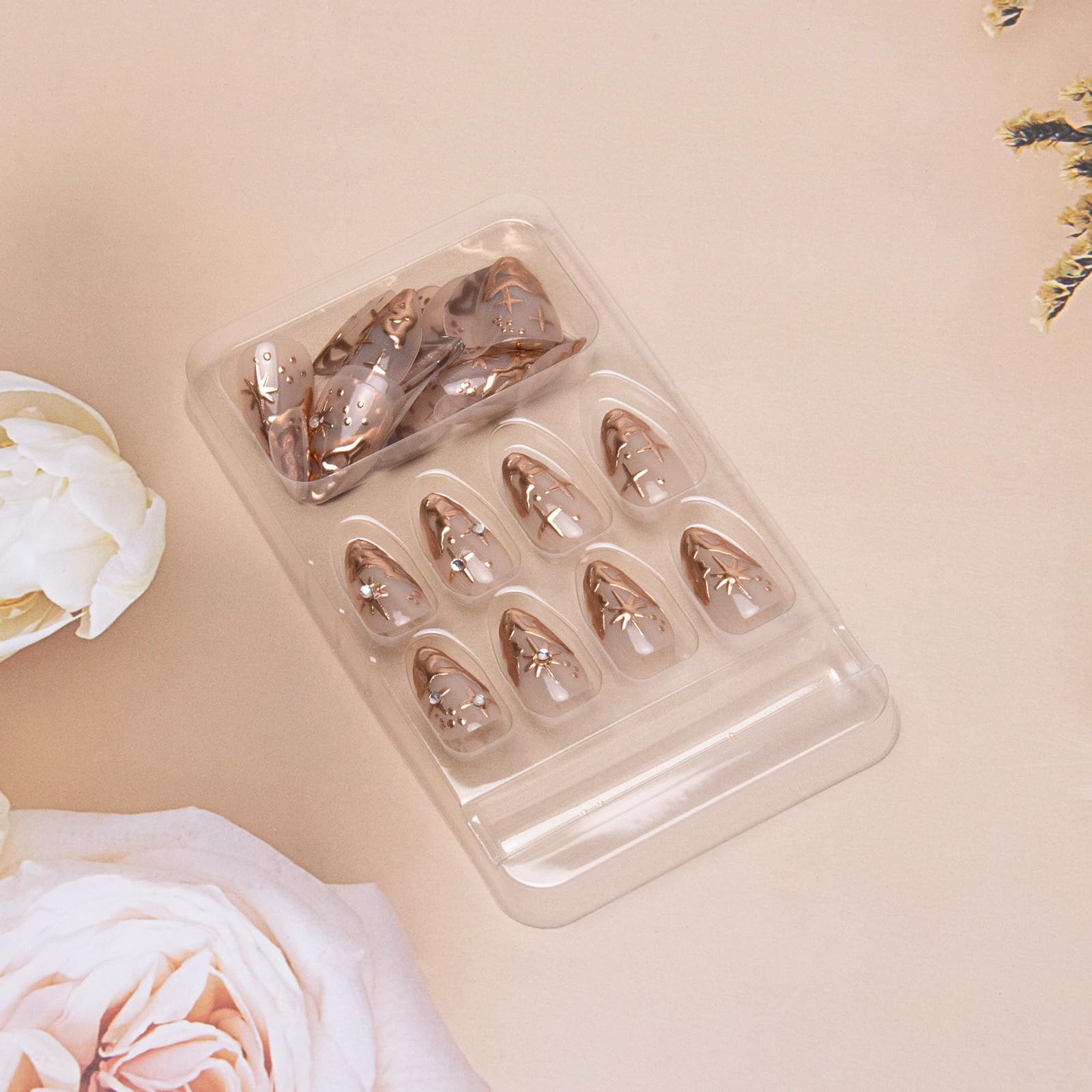 Gold Press on Nails Short Almond Fake Nails 3D Gold Irregularity Chrome Design Glue on Nails French Tip Acrylic False Nails Full Cover Star Stick on Nails for Women Manicure Art 24Pcs - Image 4