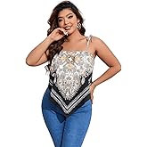 Floerns Women's Plus Size Boho Printed Tie Shoulder Sleeveless Hanky Hem Cami Top