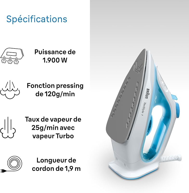 Fer à Repasser TexStyle 1 SI1029BL, Semelle Anti adhésif, 120g/min Jet Vapeur, Fonction Pulvérisation, Chauffe Rapide (35s), Mode Éco, 220ml, 1900W, Azur