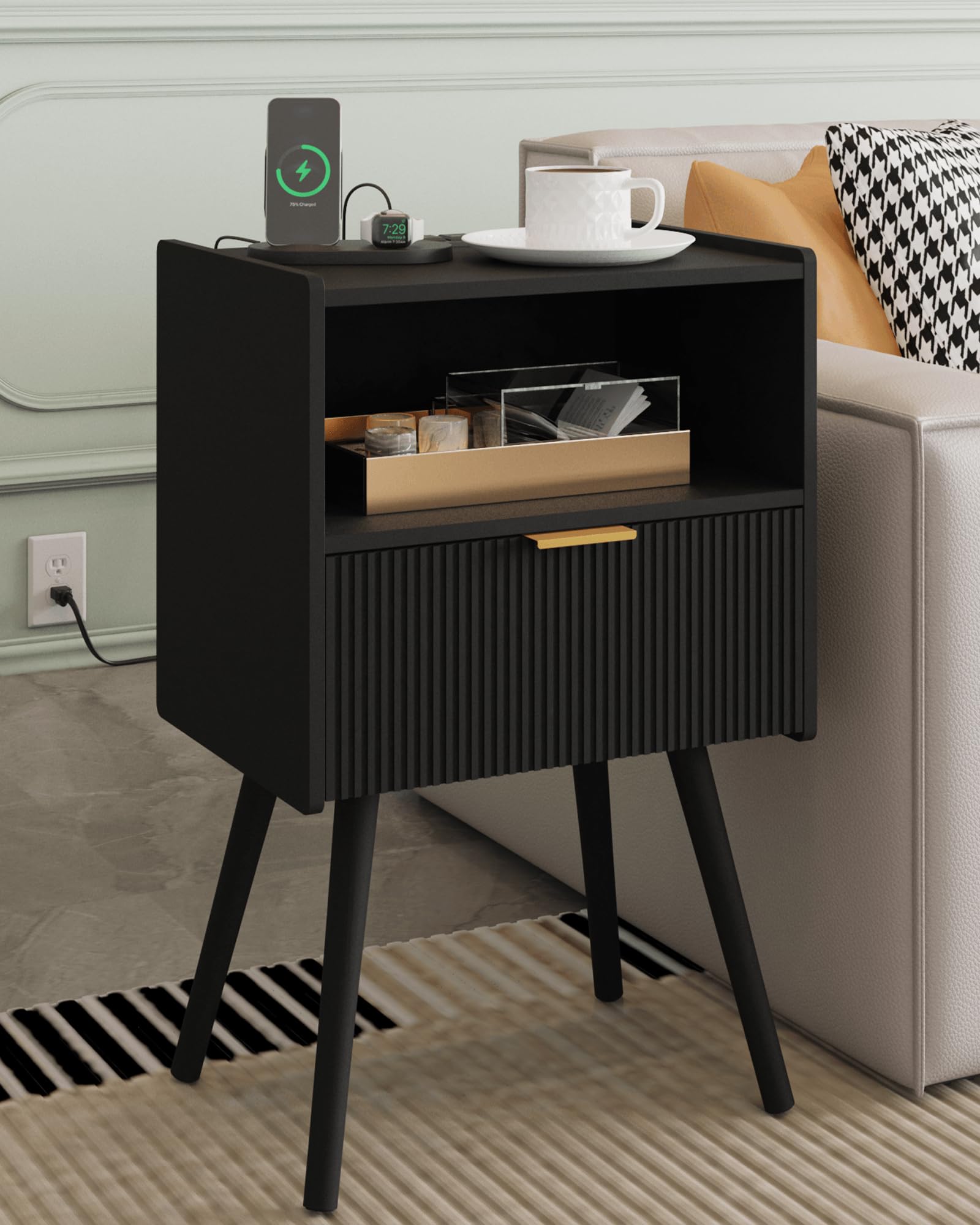 Photo 1 of Veegle Nightstand,Modern Bedside Table with Storage Drawer and Open Wood Shelf, Accent Night Stand with Solid Wood Legs for Living Room, Bedroom and Small Spaces,Easy Assembly (Black-Outlet)