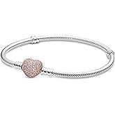Pandora Jewelry - Moments Pave Heart Clasp Snake Chain Cubic Zirconia Bracelet - Gift for Her - Pandora Rose - 6.7"