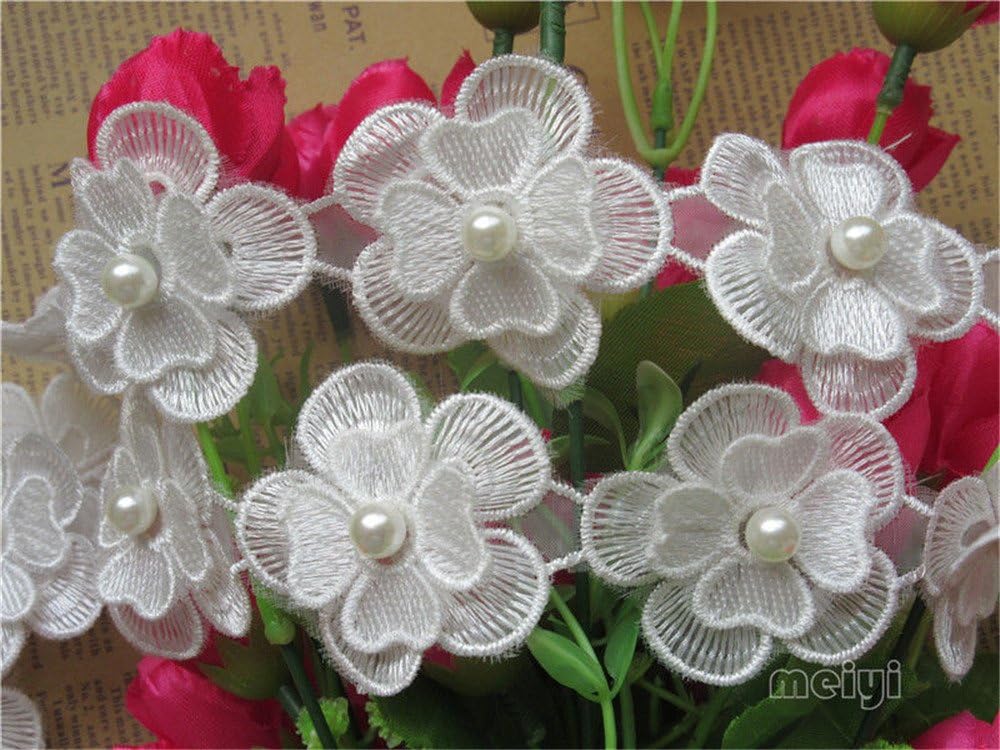 50pcs 2-layer Flowers Pearl Beaded Lace Edging Trim Ribbon 5cm Width Vintage Style Off White Trimming Fabric Embroidered Applique Sewing Craft Wedding Bridal Dress Party Decoration Clothes Embroidery