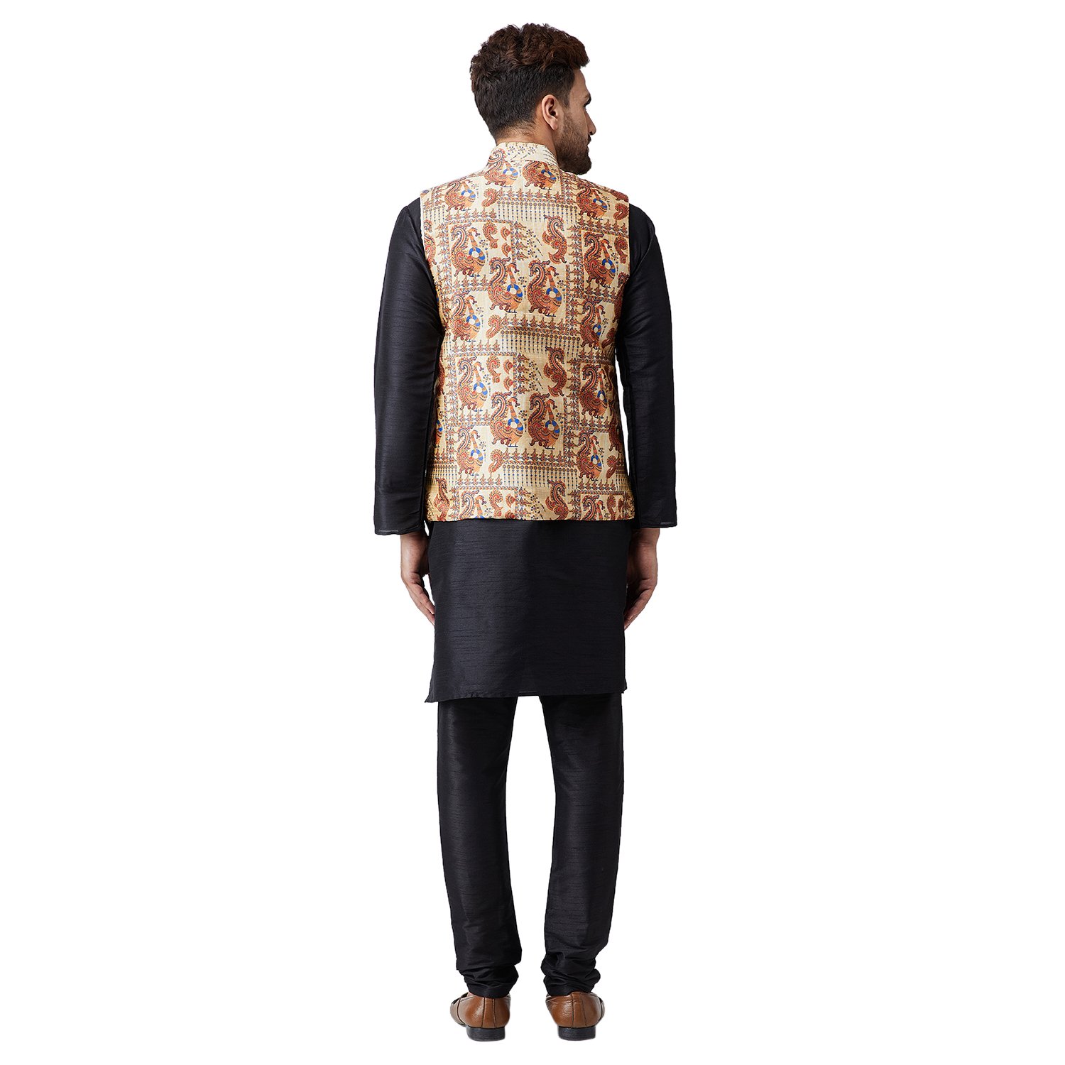 sojanya (since 1958), men's silk kurta churidaar pyjama and printed nehru jacket combo