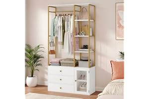 BOTLOG Closet System Organizer, 81.3” H Wardrobe Closet with 3 Wooden Drawers, Clothes Rack with Hanging Rods, 4 Tiers Shelves, Metal Frame, White and Gold