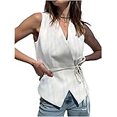 MakeMeChic Women's Wrap Blouse Vest Sleeveless Blazer Tie V Neck Belted Elegant Office Shirt Tops