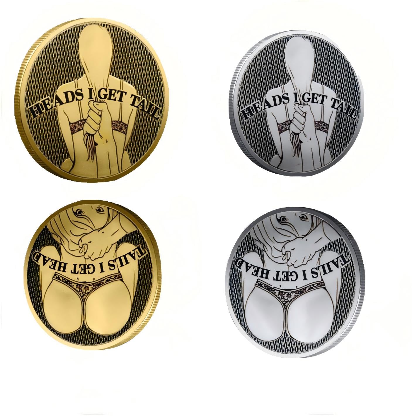 Sex Game Coin 2-Pack, Naughty Easter Gift for Men - Flip for Fun Challenge Token with "Fronts I Get Tail" & "Backs I Get Head" Engraved, Couples Party Game for Adults (Gold and silver, count, 2.0)