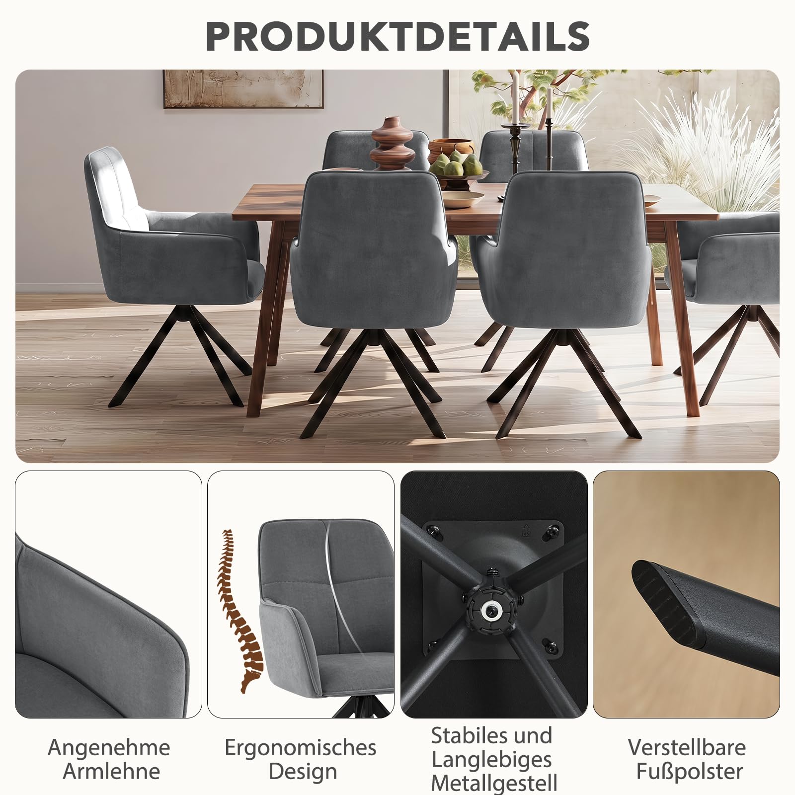 Ckaff Esszimmerstühle Drehbar 6er Set mit Armlehne, 360°Drehbar Polsterstuhl Samt Modern Drehstuhl Küchenstuhl mit Metallgestell und Rückenlehne für Esszimmer, Wohnzimmer, Büro, Dunkelgrau 5