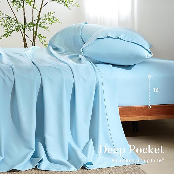 4 PIECE FULL SIZE SHEET – COOLING BED SHEETS SET, BLEND RAYON DERIVED FROM BAMBOO, BREATHABLE SOFT HOTEL LUXURY BEDDING & PILLOWCASES, SILKY FIT 16 INCH EXTRA DEEP POCKET, OEKO-TEX – SKY BLUE