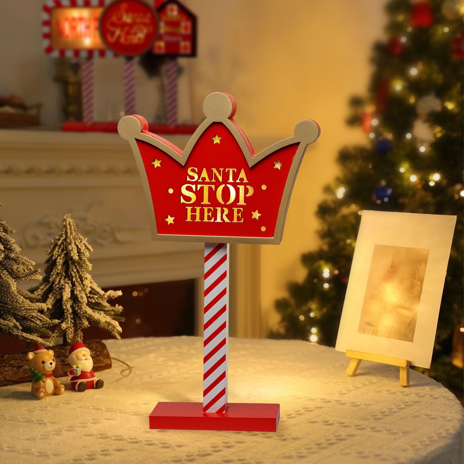 Photo 1 of Santa Stop Here Sign Christmas Village Decorations with Led Lights North Pole Sign Tabletop christmas house decor for Holiday Parties Christmas Decoration(House)