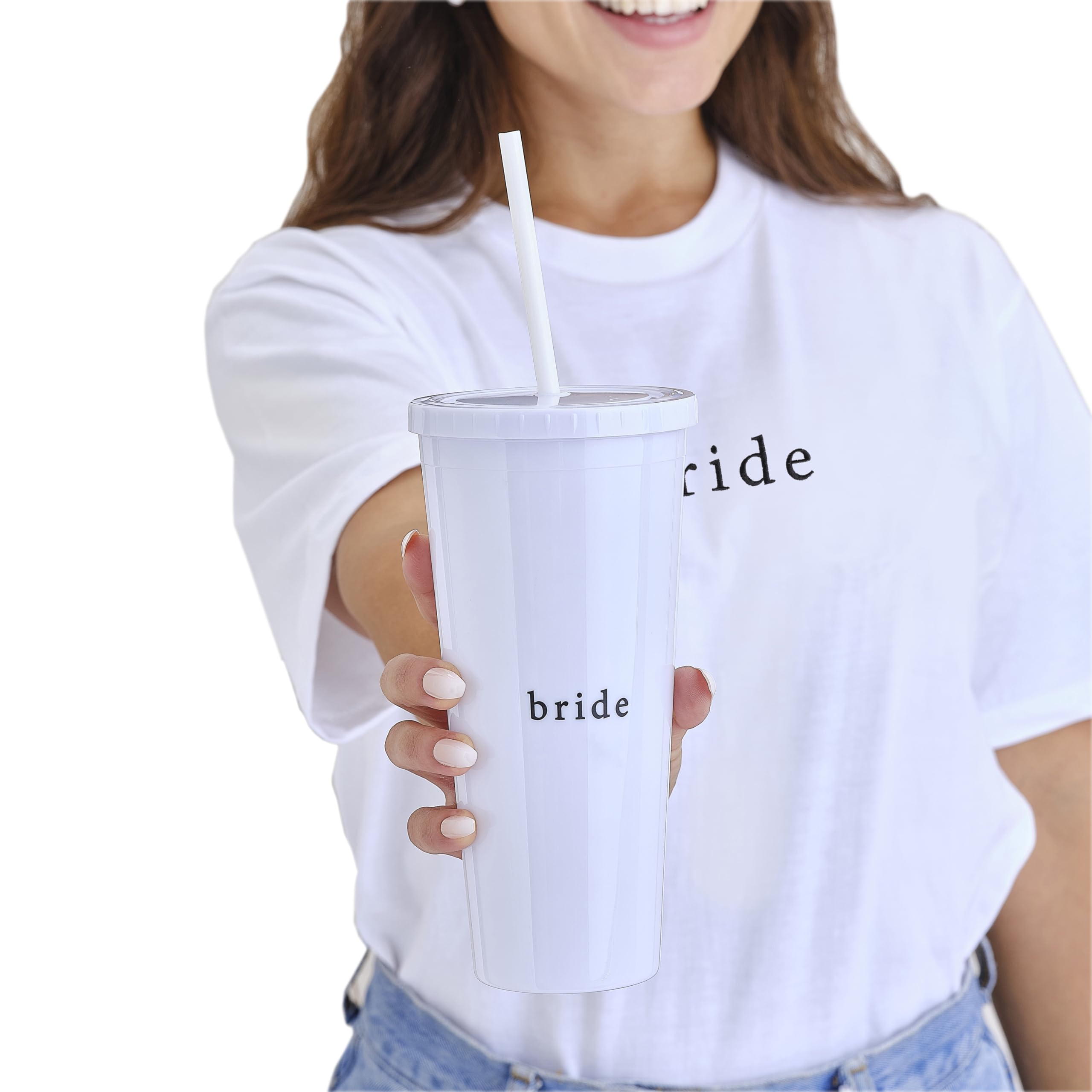 Ginger Ray 'Bride' White Re-usable Drinks Cup with Lid and Re-usable Straw 700ml