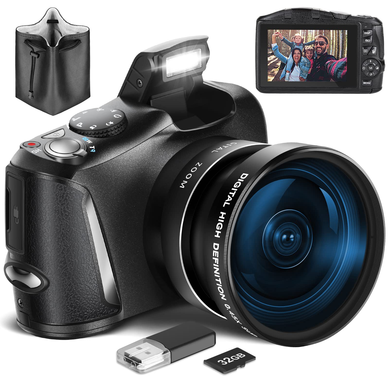 NBDCAM 4K Digital Camera with Wide & Macro Lens, 32GB SD Card Included, DSLR Camera for Photography & Vlogging – Beginner-friendly Compact Bridge Camera