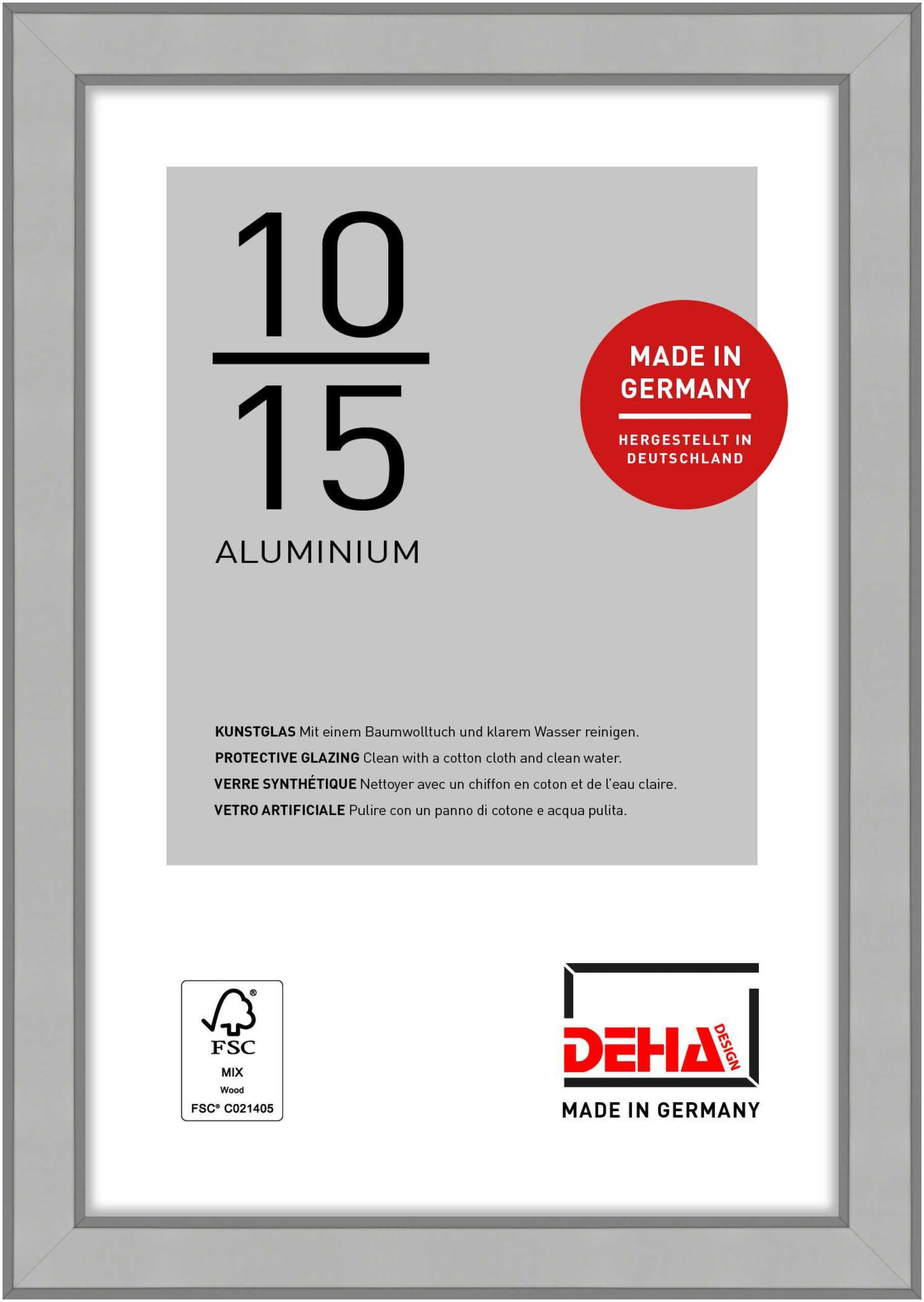 DEHA Design Boston Aluminium Picture Frame - 10x15 cm (4x6 in) – Frosted Silver - with Synthetic Glass and Push/Turn Clips