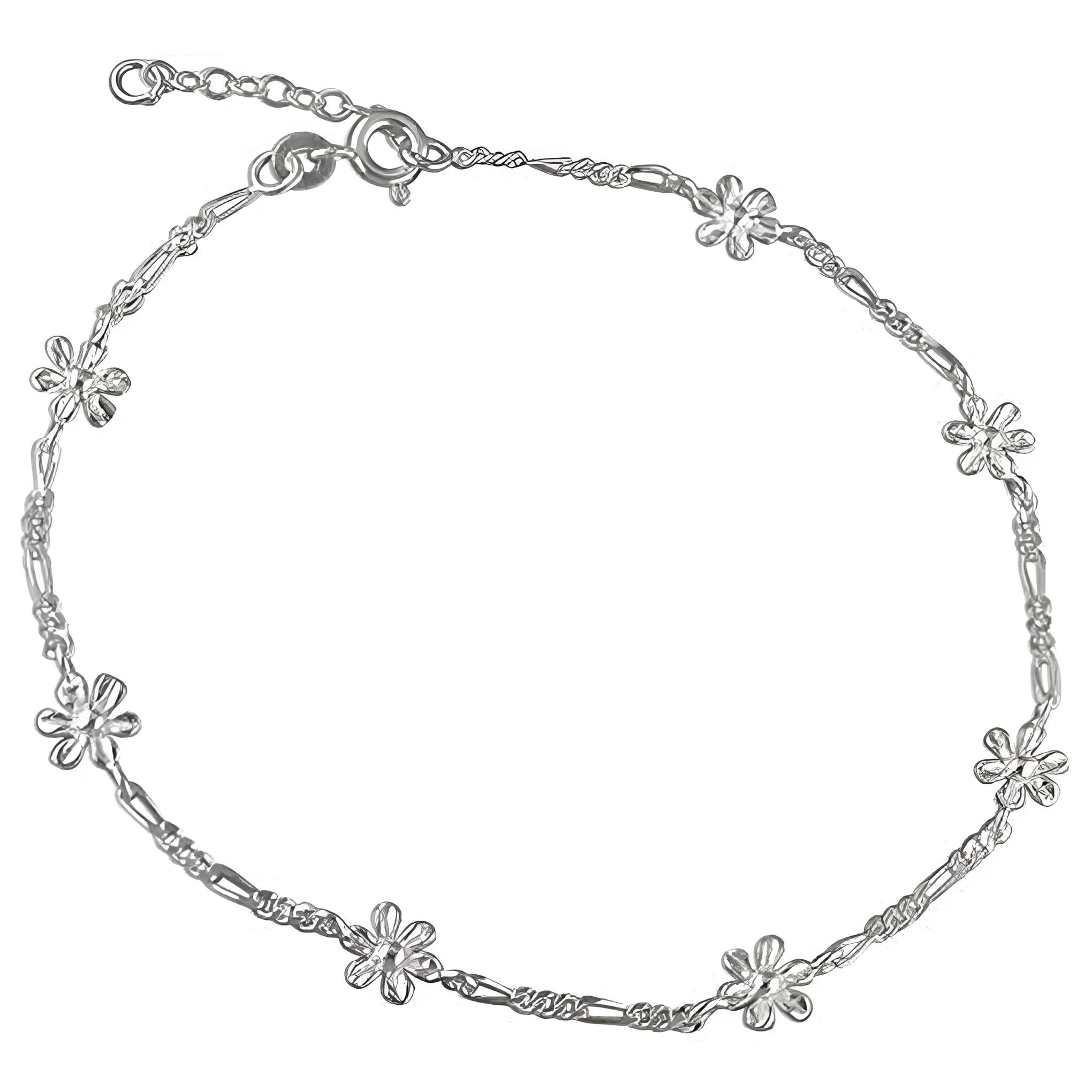 9.5 Inch Seven Flower Figaro Chain Anklet / Ankle Bracelet / Ankle Chain - 925 Sterling Silver - Adjustable 8.5" to 9.5" inches / 21.50 to 24 cms Figaro Chain - Anklets For Women