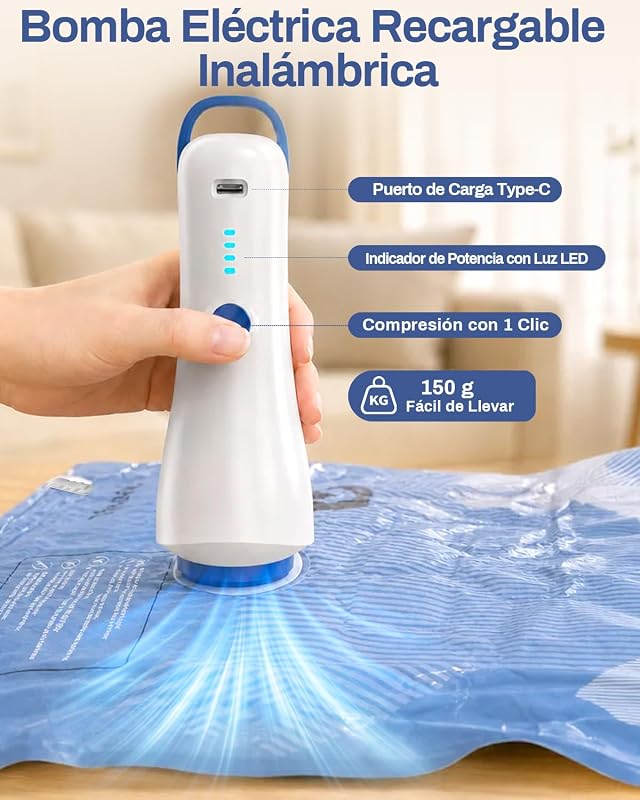 Paquete de 12 bolsas de almacenamiento al vacío (4 de 100 x 80 cm, 4 de 74 x 54 cm y 4 de 64 x 47 cm) con bomba eléctrica y doble cremallera, impermeables y herméticas.