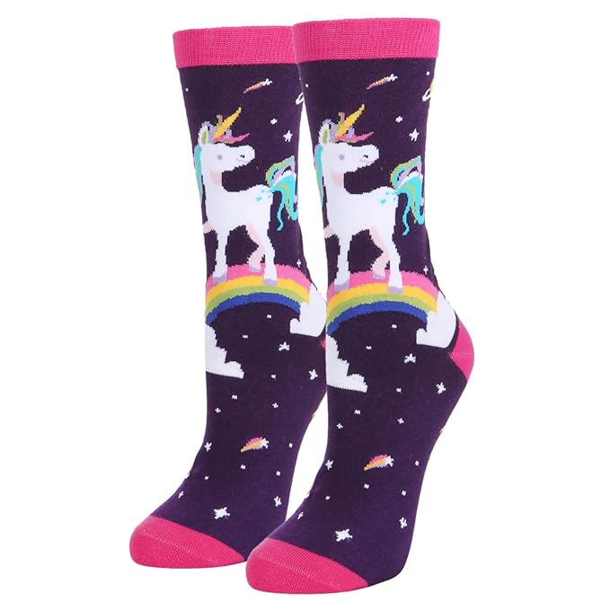 Women's Girls Crazy Rainbow Unicorn Crew Socks, Cute Funny Gift