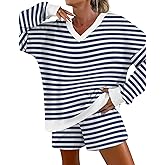 AKEWEI Womens Pajama Sets V Neck Long Sleeve Top and Shorts Cozy Loungewear with Pocket