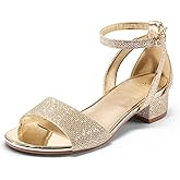 K KomForme Girls Sandals Low Chunky Heels Dress Pumps Ankle Strap Open Toe Flower Wedding Party Dress Shoes for Toddler/Little Kid/Big Kid