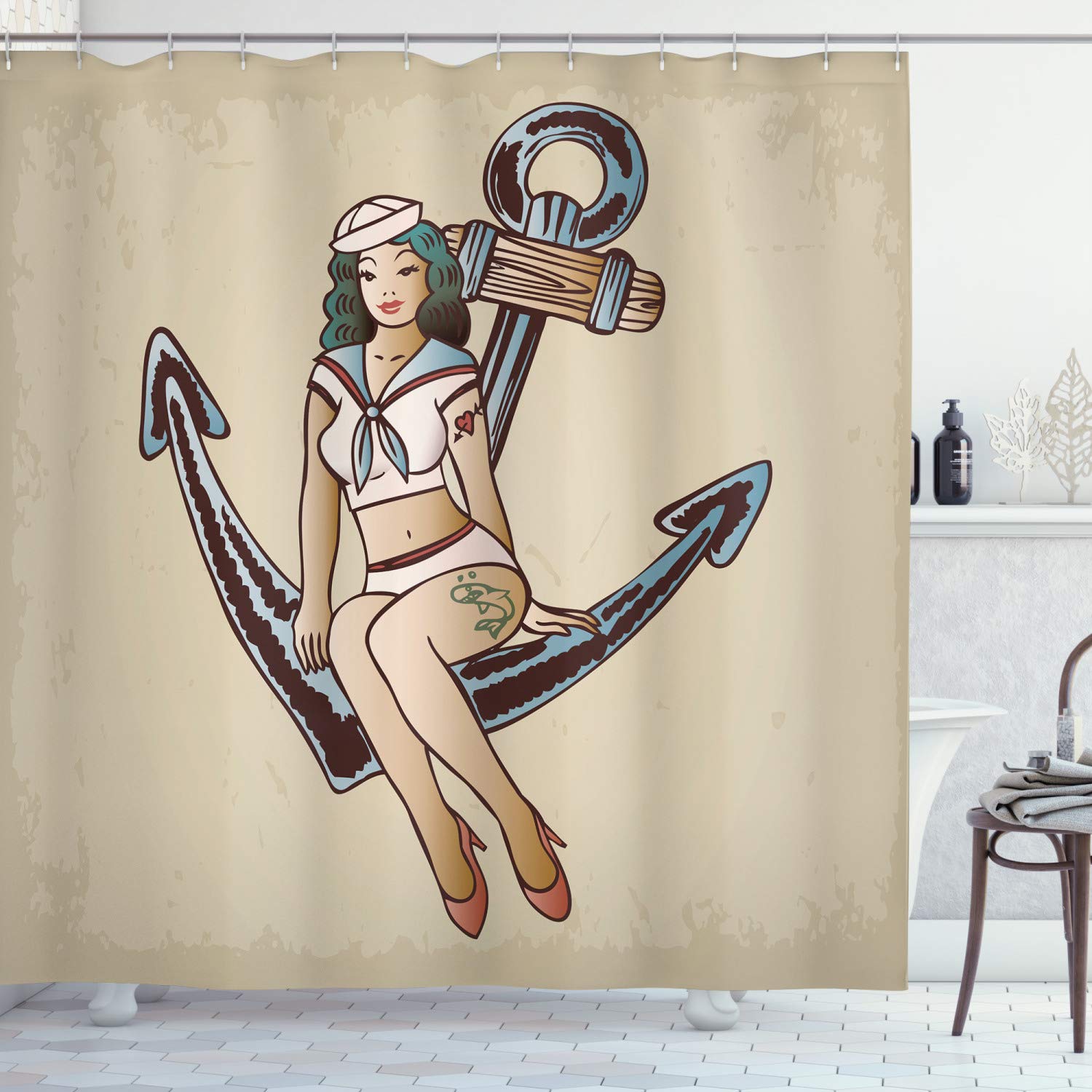 ABAKUHAUS Anchor Shower Curtain, Pinup Girl Sailor Outfit Shark and Heart Tattoo Vintage Twenties Illustration, Cloth Fabric Bathroom Decor Set with Hooks, 175 x 200 cm, Dark Rust Blue