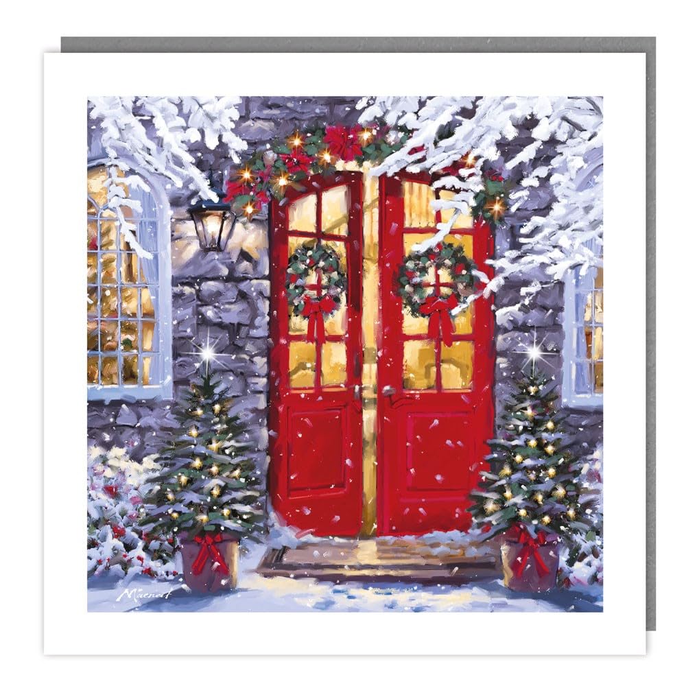 Tracks Publishing Charity Christmas Cards - Festive Front Door with Wreaths and Foil Finish - Eco-Friendly - Pack of 5 Cards