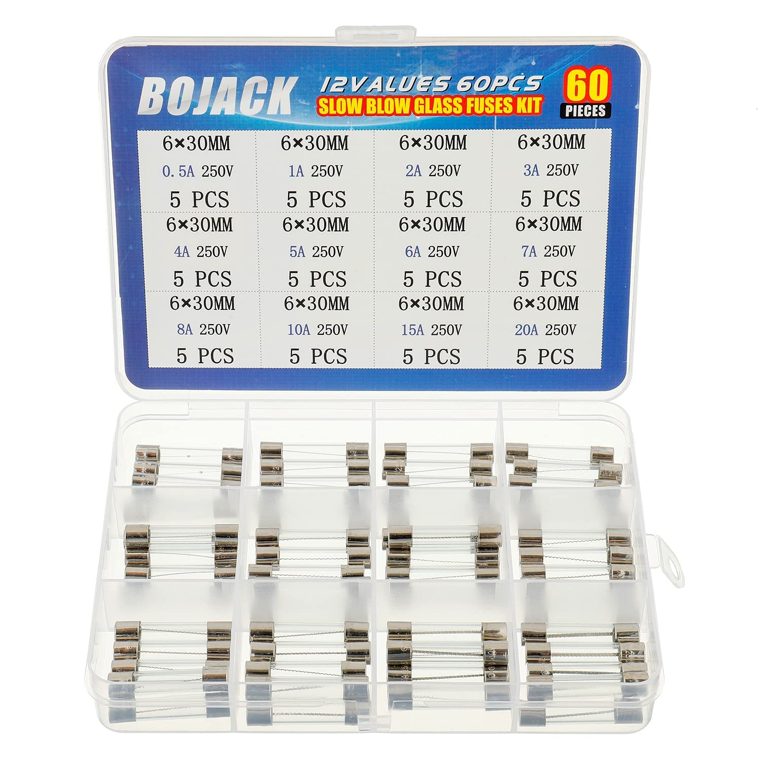 BOJACK 12 Values 60 Pcs Slow Blow Glass Fuses Assortment Kit 6x30 mm 250V T 0.5A 1A 2A 3A 4A 5A 6A 7A 8A 10A 15A 20A packag in a Clear Plastic Box