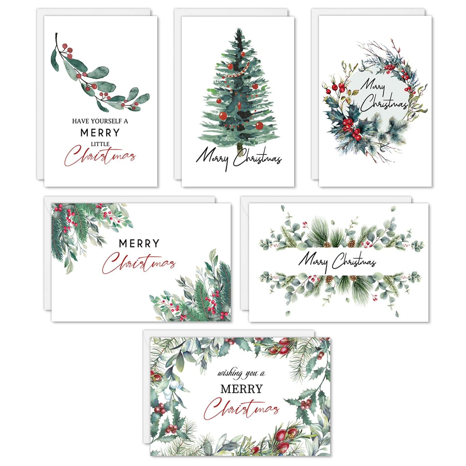 AnyDesign 48 Pack Christmas Greeting Cards with Envelopes and Stickers 6 Designs Watercolor Christmas Tree Note Card Merry Christmas Holiday Cards for Xmas Party Favor Supplies, 6 x 4inch