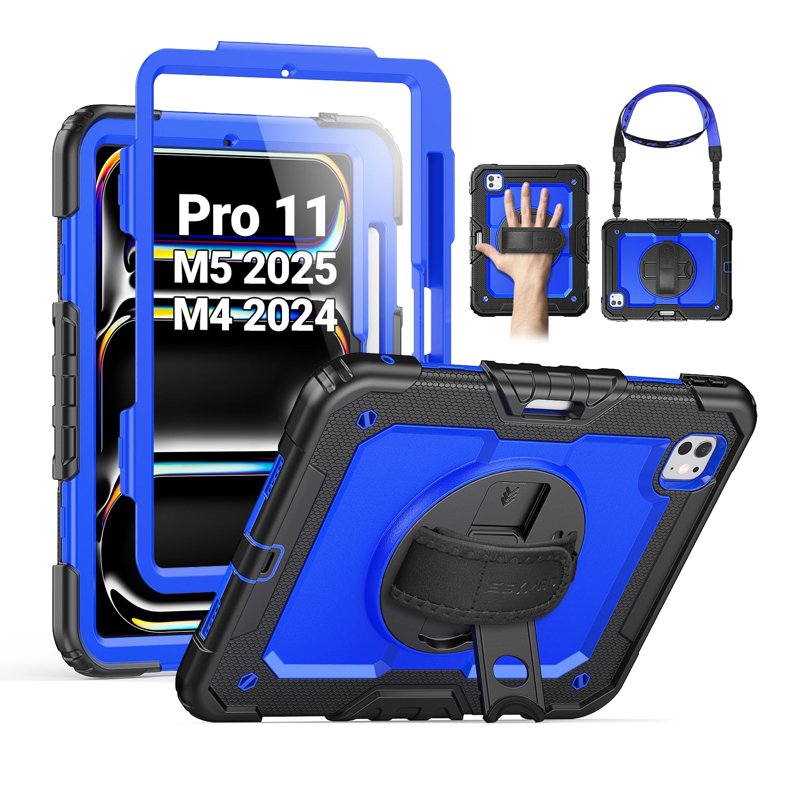 Photo 1 of SEYMAC for iPad Pro 11 Inch Case M5 2025 / M4 2024, Heavy Duty Shockproof Protective Case with Screen Protector, 360° Rotating Stand, Hand/Shoulder Strap and Pen Holder, Blue