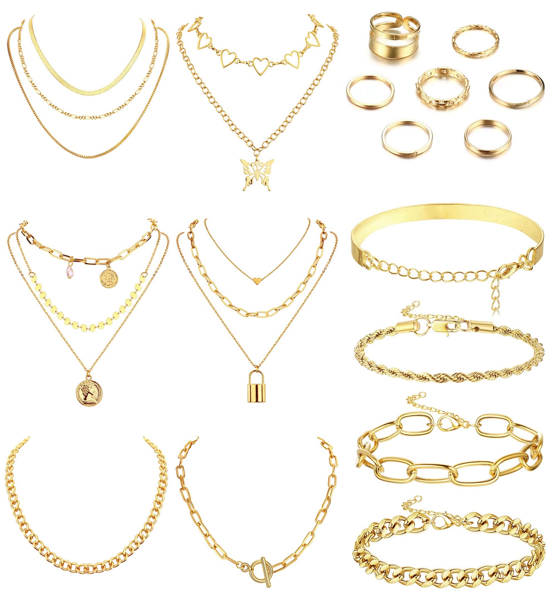 CASSIECA 17Pcs Gold Jewelry Sets for Women Layered Necklaces Chunky Bracelets Knuckle Rings Sets Women Girls Jewerly Accessories Birthday Christmas Anniversary Day Gifts for Her