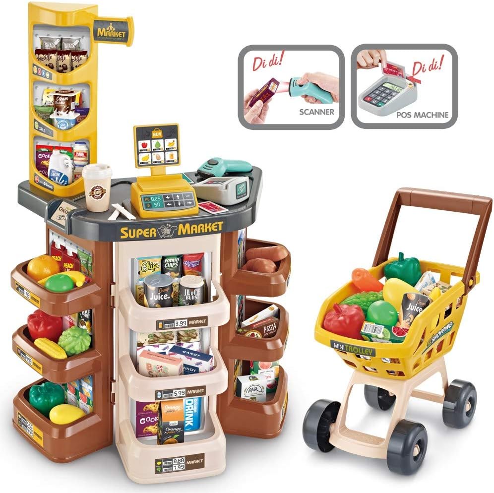 Vehpro Children's Supermarket Grocery Store Toy Set, with Scanner-Green and Shopping Trolley of Vegetables Fruits Food Cart Accessories, Toy for Kids 1 2 3-5 Years Old