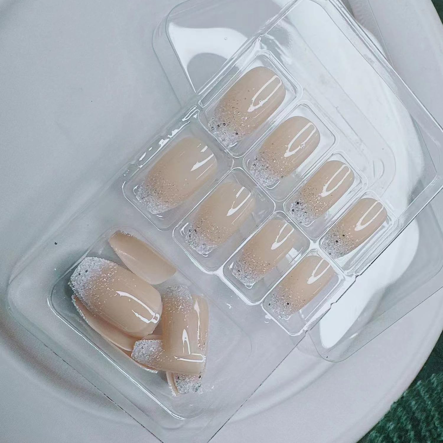 White Glitter French Tip Press On Nails - Medium Square Fake Nails with Glossy Gradient Design, Silver Glitter Sparkly Design, Reusable Stick On Nails, 24 Pcs - Image 6