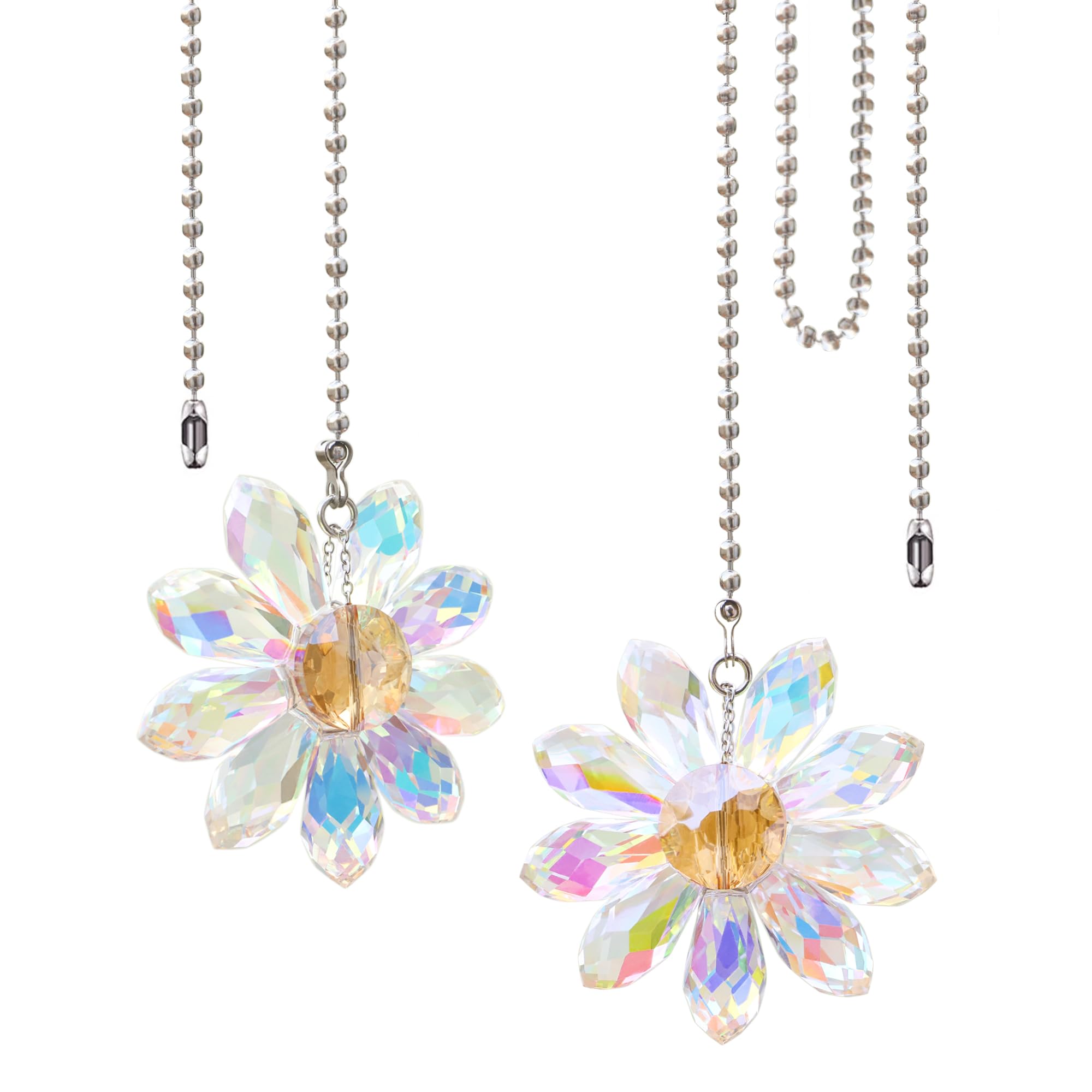 Photo 1 of LEFERS Ceiling Fan Pull Chain, 2 Pieces 1.8" Crystal Glass Flower Pendants with 24" Ceiling Fan Chain Extender and Connector (Crystal AB)