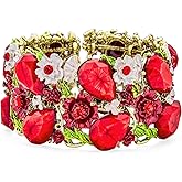 Bling Jewelry Wide Red Crystal Flower Statement Cuff Bracelet For Women Flexible Oxidized Gold Plated