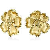 Flower Wide Half Hoop Clip On Earrings For Women Shrimp Style Non Pierced Ears Oxidized 14K Gold or Silver Plated Brass