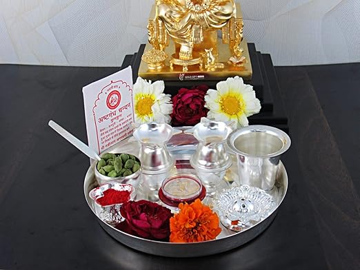 GoldGiftIdeas Silver-Plated Pooja Thali Set with Coin (Silver_1.9 Inch X 5.5 Inch X 5.9 Inch)