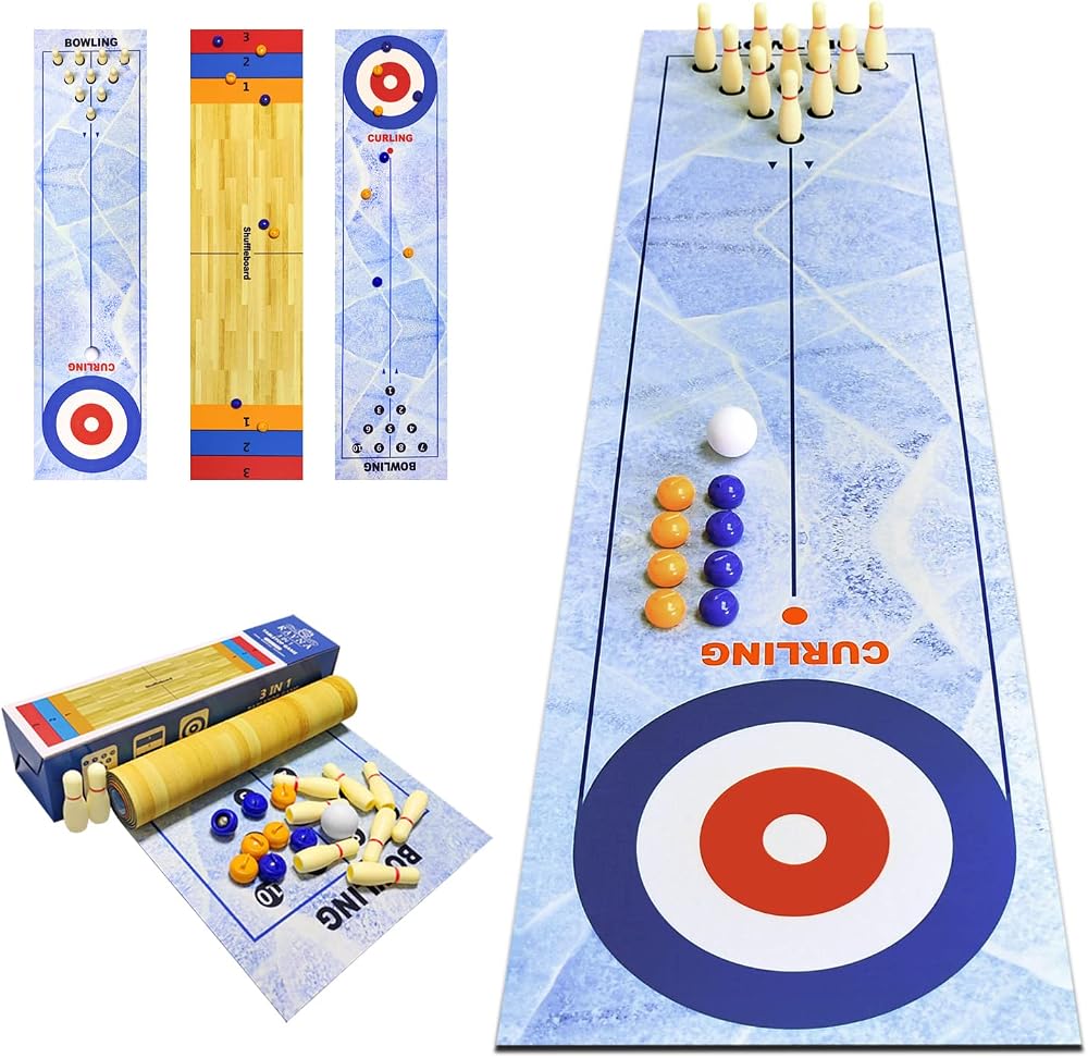 RAYNA GAMES 3 in 1 Tabletop Shuffleboard Bowling Curling Set 120x30cm