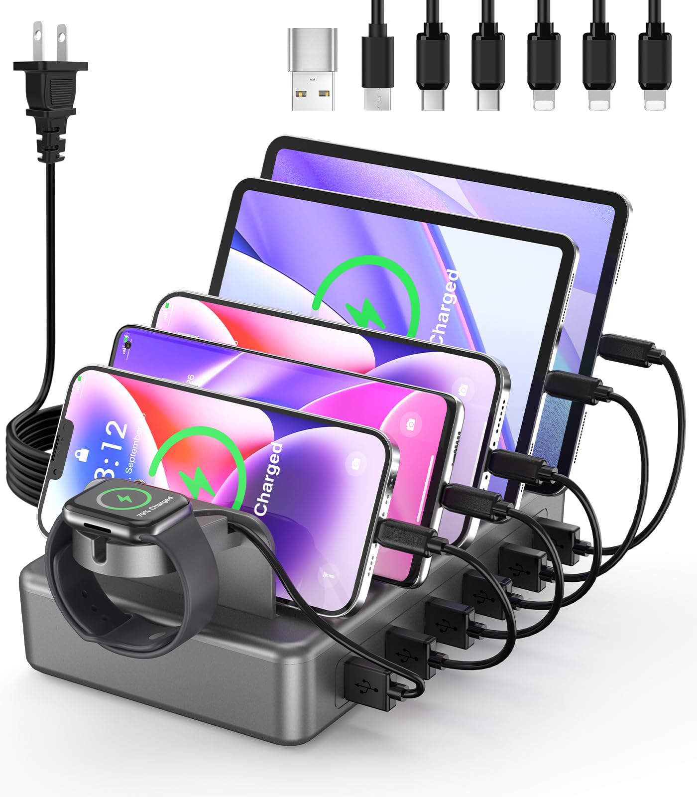 Charging Station for Multiple Devices Apple, HSicily 50W 6 Ports Multi Device Charging Station Organizer for Apple Devices, iPhone, iPad, Phones, Tablets, Kindle and Other Electronics (Space Gray)