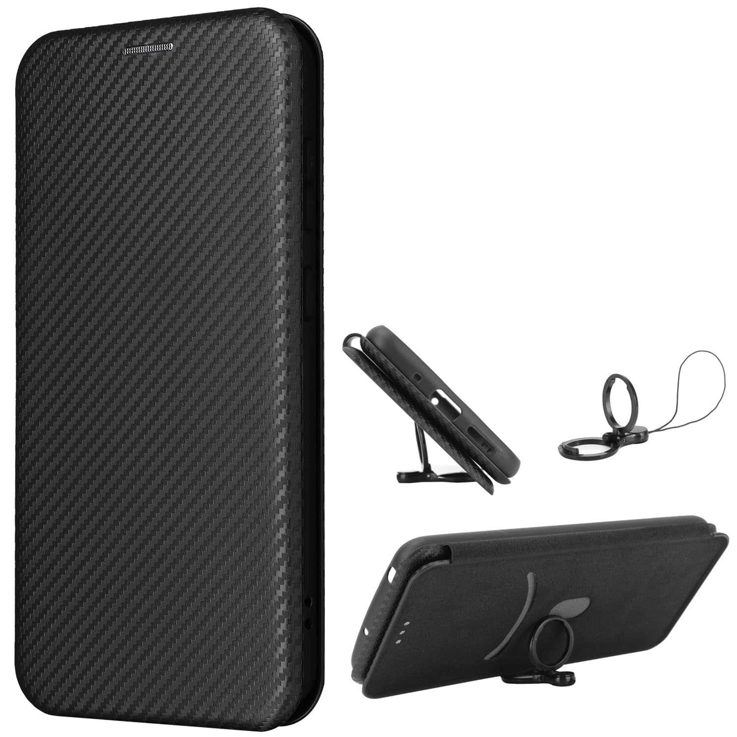 EasyShow Carbon Fiber Wallet Case for HTC U24 Pro with Kickstand, Card Slot, Black