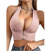 SHENHE Women's Front Closure Halter Bra Low Back Deep V Neck Unpadded Wireless Bralette