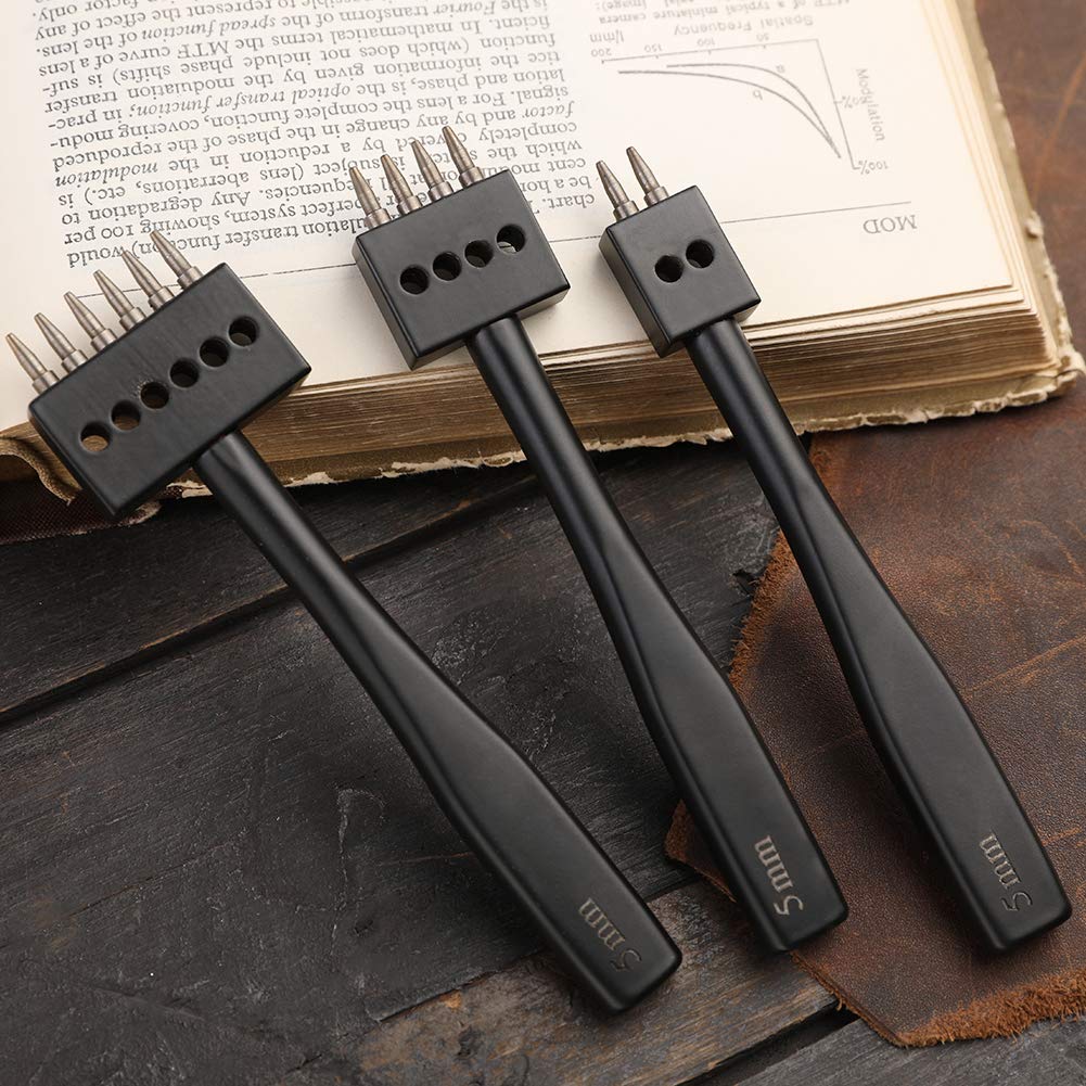 DIUDUS Leather Hole Punch, Prong Punch, Black Hole Punch Tool 5mm, 2/4/6 Lacing Stitching Punch, Round Hole Prong Stitching Chisel Set Leather Working Tools for Leathercraft