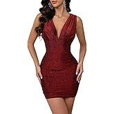 oten Women's Sexy Deep V Neck Sleeveless Ruched Bodycon Party Club Cocktail Mini Dresses