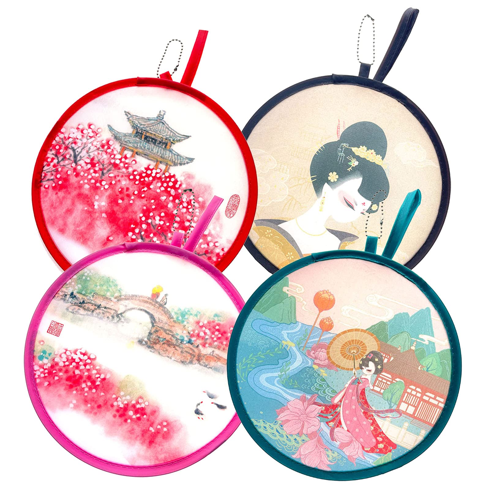 LTCT Foldable Fan Ancientry Style Summer Handheld Round Folding Fan Beautiful Pattern Festival Decor Wedding Home Decoration 4 Units Different Patterns
