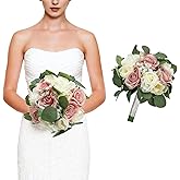 DIYDOFUN Wedding Bouquets for Bride, 11 Inch Bridesmaids Bouquets Artificial Flower Bouquets for Wedding Ceremony Bridal Shower Decorations - Dusty Pink & White