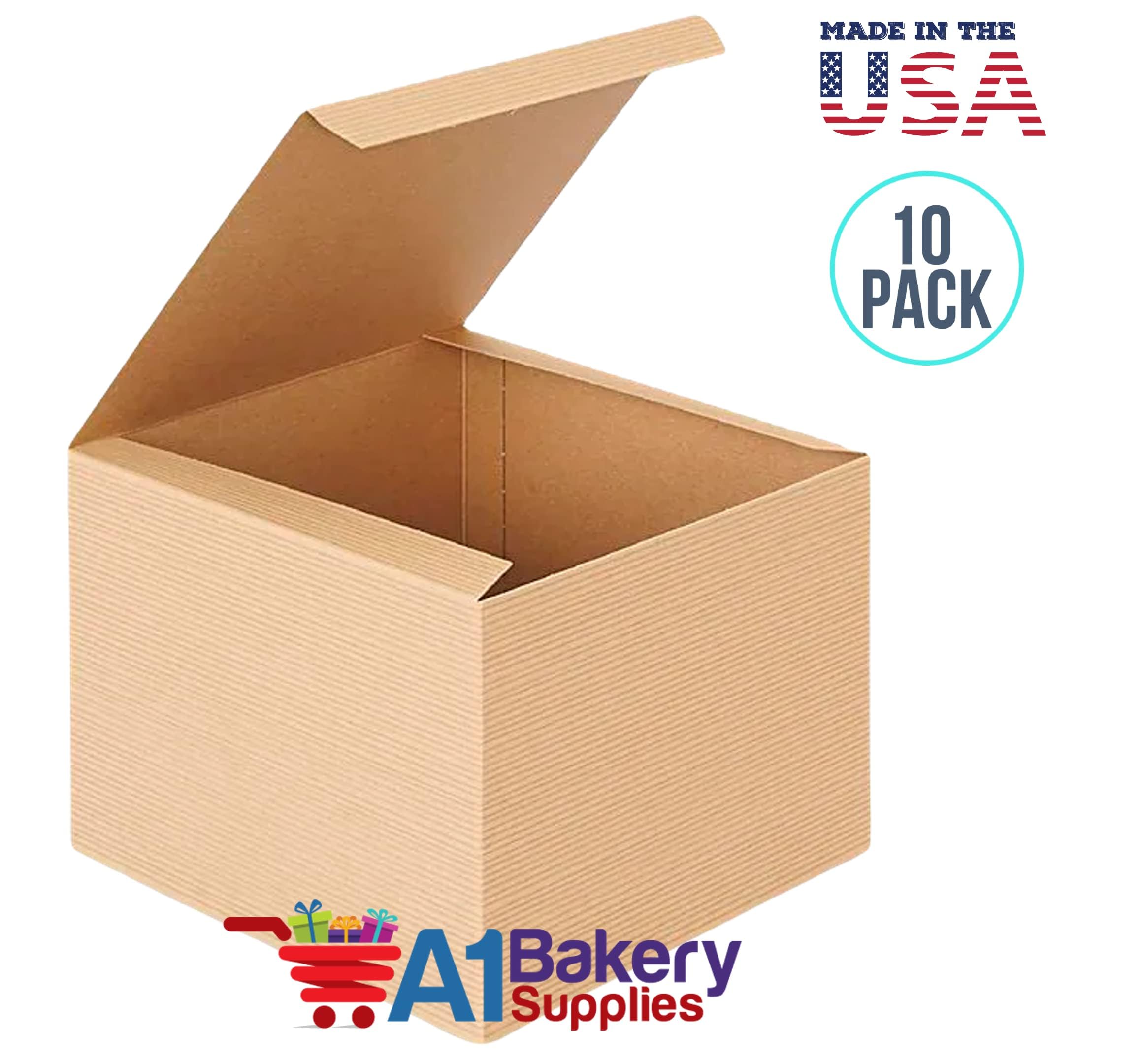 A1 Bakery Supplies Preimer High Kraft Pinstripe Brown Treat Gift Boxes (3 In X 3 In X 4 In) 10 Pack