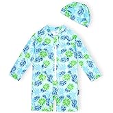 EZ Moms Baby Boy Swimsuit UPF 50+ Long-Sleeve One Piece Zipper Toddler Bathing Suit Baby Beach Wear Sunsuit with a Swim Cap